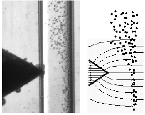 A photograph of a wedge shaped object on the left and dots on the right. The wedge and the dots are separated by a line. To the right of the photograph is a drawing of the same process.