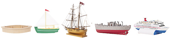 different types of boats. From left to right: a rowboat, a sailing barge, a two-mast sailing ship, a steam-powered ocean liner, and a modern cruise ship.