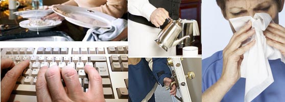picture of ways viruses can spread: a doorhandle, dirty dishes, computer keyboard, waiter pouring coffee, person blowing nose